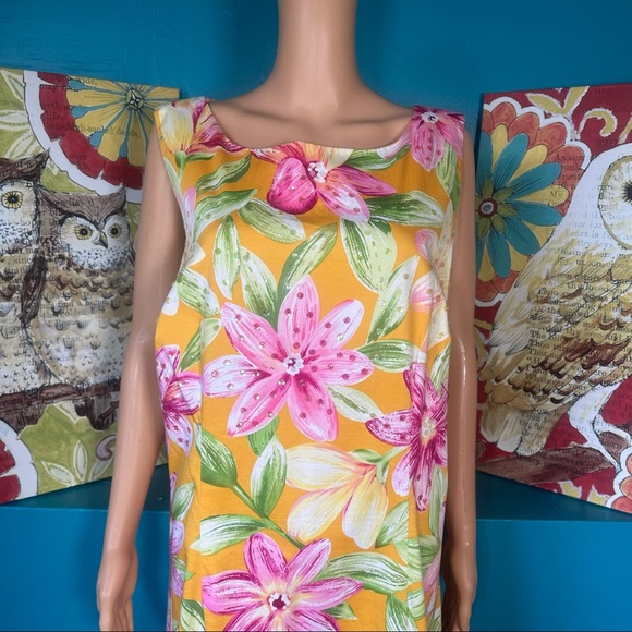 R&K Originals‎ Dress Women's 16W Sleeveless Yellow Pink Floral Tropical Cotton - Picture 2 of 9